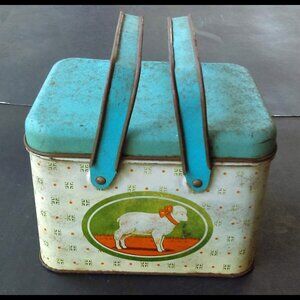 Vintage Bristol Ware Lamb/Sheep Tin Container Picnic Style with Lid and Handles